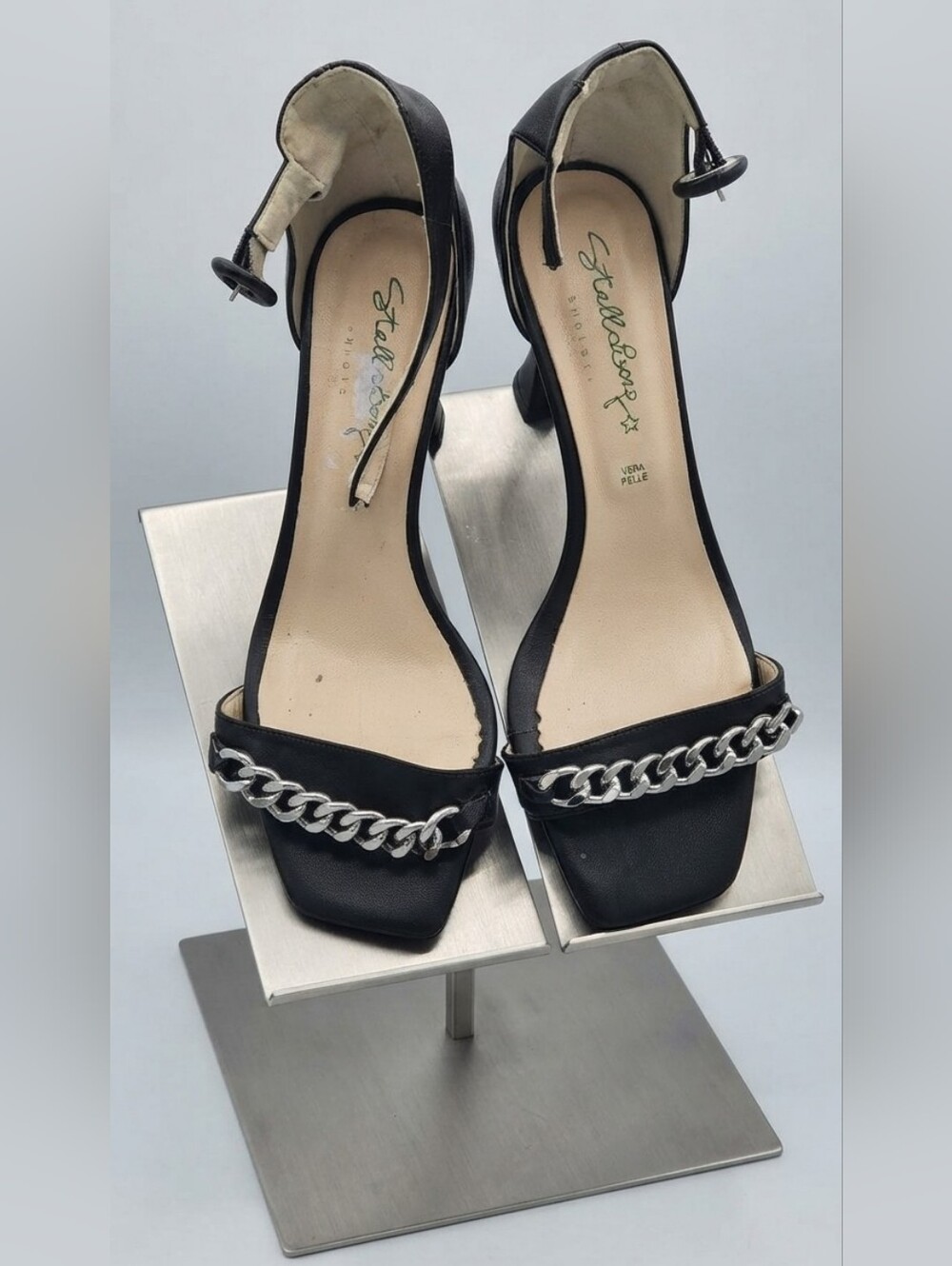 Black Chain-Trim Ankle-Strap Block Heel Sandals